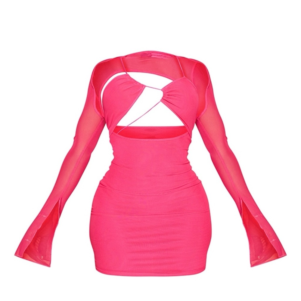 Shape Hot Pink Mesh Lace Up Detail Overlay Bodycon Dress
